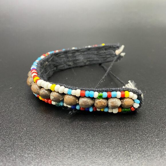 Shell & Glass Seed Bead Black Cloth Adjustable Handmade Unisex Bracelet - Picture 2 of 5